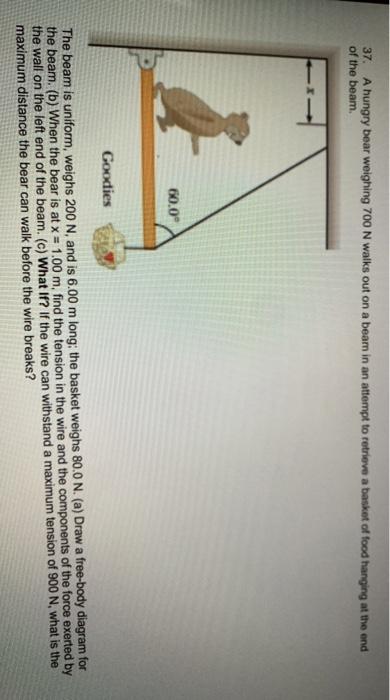 Solved 37. A hungry bear weighing 700 N walks out on a beam | Chegg.com