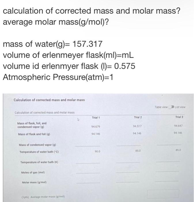 Solved calculation of corrected mass and molar mass? average