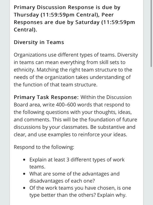 Solved Primary Discussion Response is due by Thursday | Chegg.com