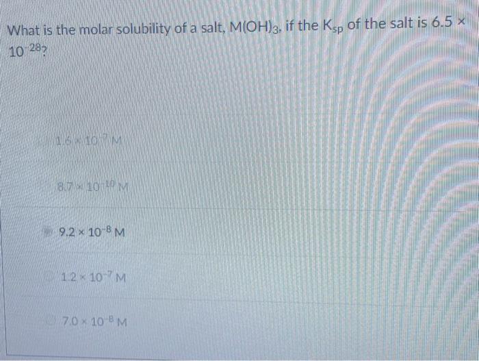 Solved What is the molar solubility of a salt, M(OH)3, if | Chegg.com