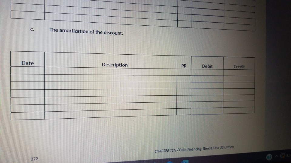 The amortization of the discount: date description pr debit credit chapter ten/debt financing: bonds first us edition