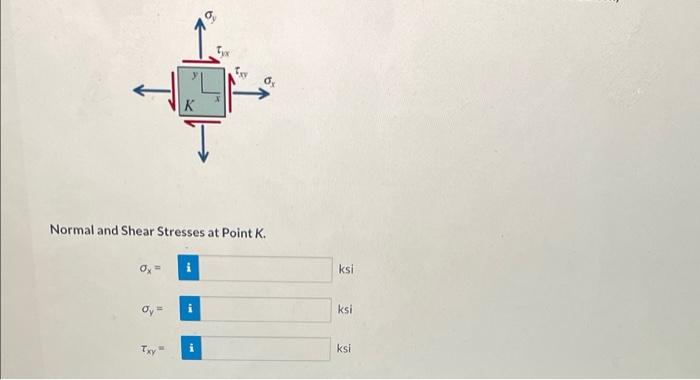 0x =
Normal and Shear Stresses at Point K.
Oy =
K
T
Txy
a
i
ksi
ksi
ksi