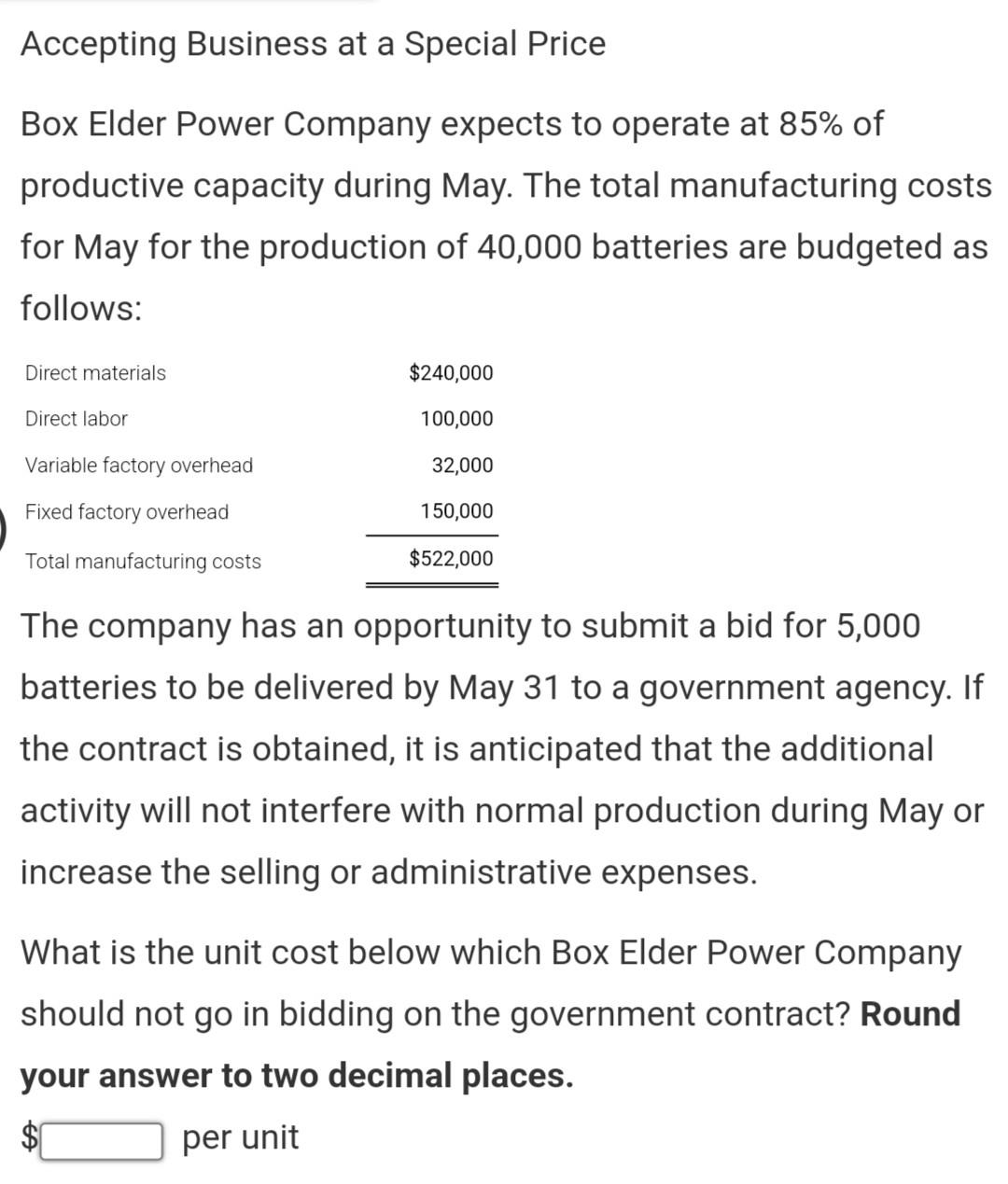 Solved Accepting Business at a Special Price Box Elder Power