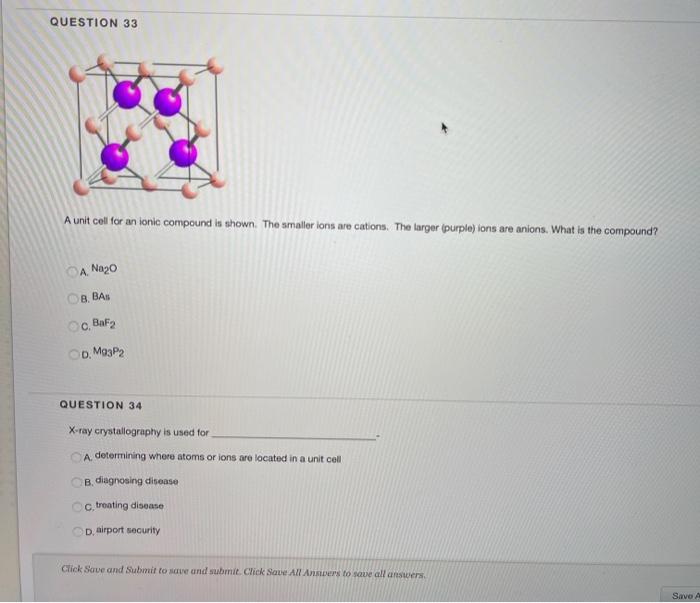 Solved QUESTION 33 A unit cell for an ionic compound is | Chegg.com