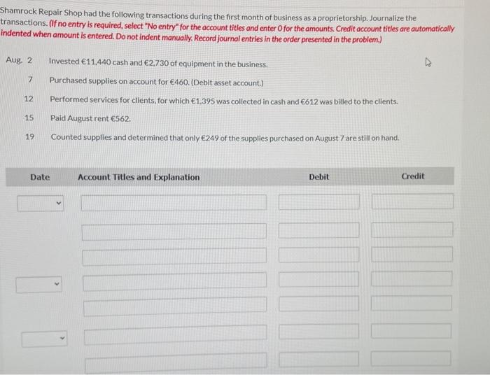 Solved Shamrock Repair. Shop had the following transactions | Chegg.com