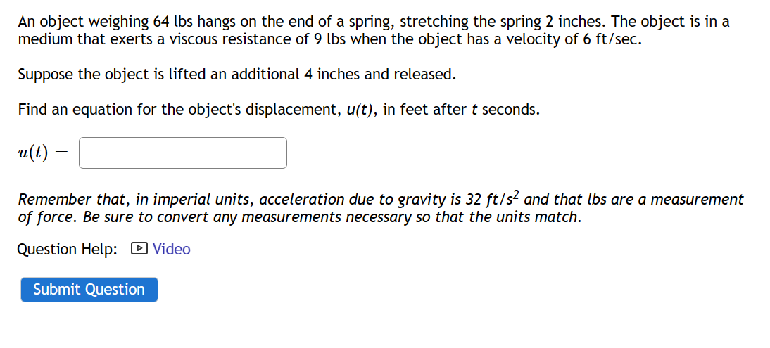 Solved Remember that, in imperial units, acceleration due to | Chegg.com