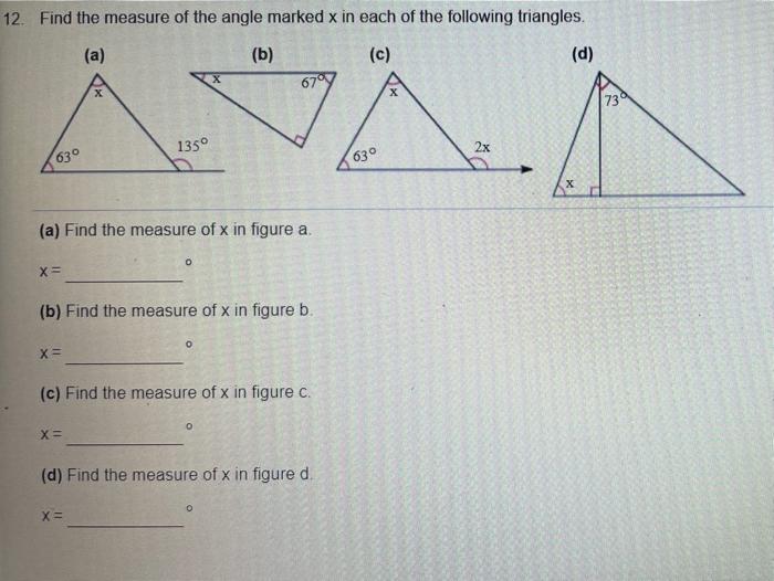 Solved 12. Find the measure of the angle marked x in each of | Chegg.com