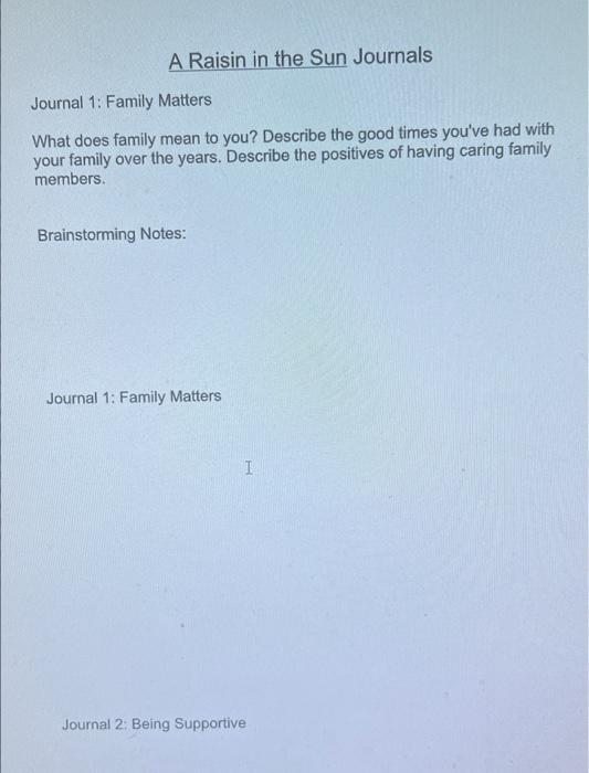A Raisin in the Sun Journals Journal 1 Family