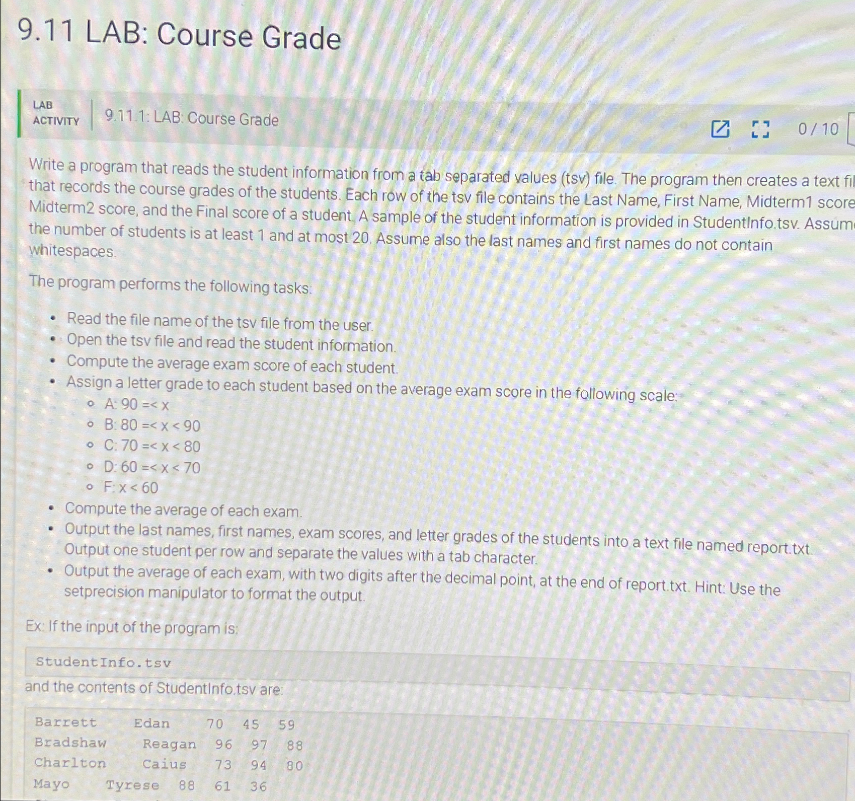Solved C++9.11 ﻿LAB: Course GradeLABACTIVITY9.11.1: LAB: | Chegg.com