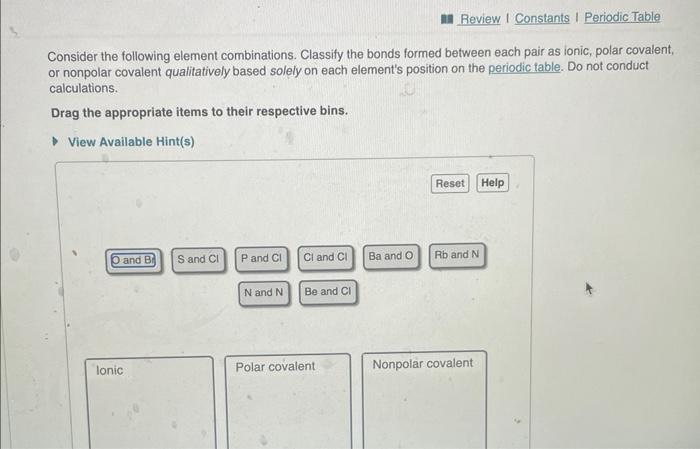 Solved Consider the following element combinations. Classify | Chegg.com