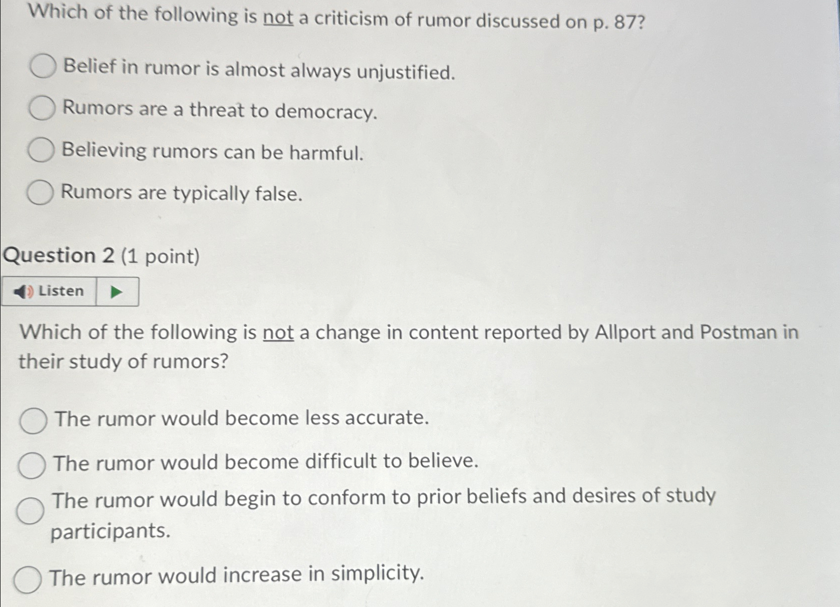 Solved Which of the following is not a criticism of rumor | Chegg.com