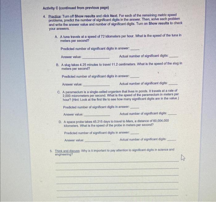 Ivlty C (continued from prevlous pege)
Eactica: Tum off Show resulta and click Next. For each of the remaining metric speed p