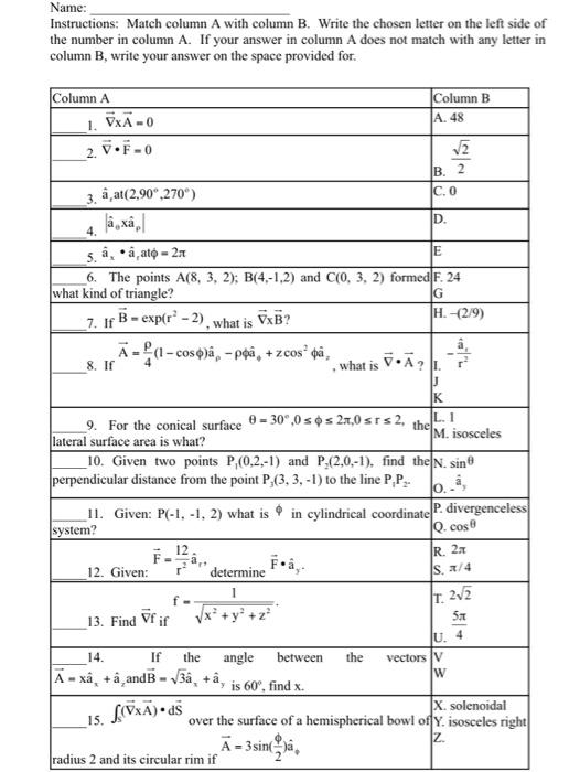 Solved Name: Instructions: Match Column A With Column B. | Chegg.com