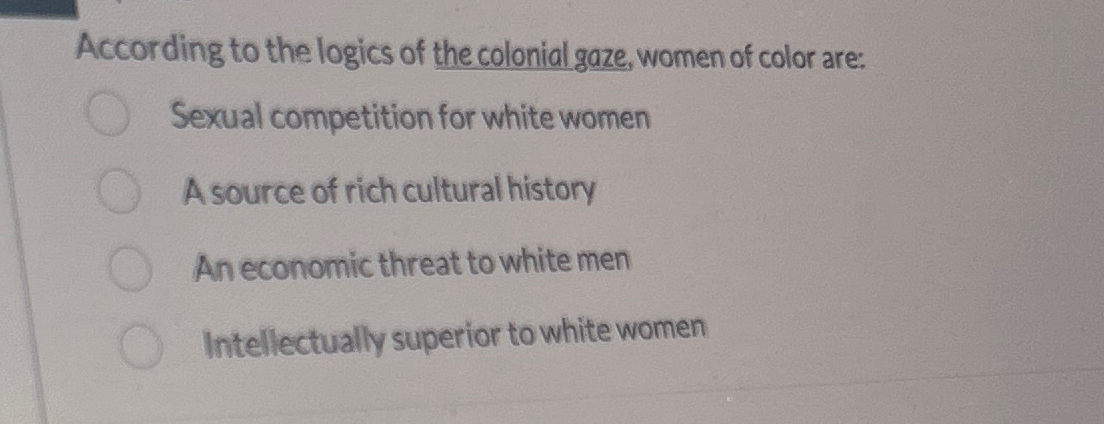 Solved According to the logics of the colonial gaze, women | Chegg.com