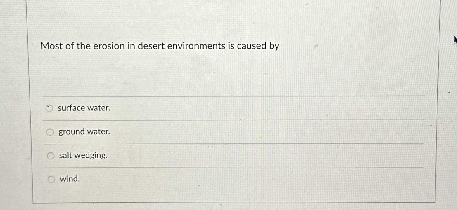 Solved Most of the erosion in desert environments is caused | Chegg.com