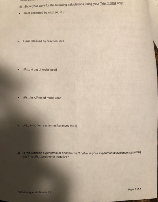 Solved Lab Report Calorimetry and Hess's Law 24.7089 Metal