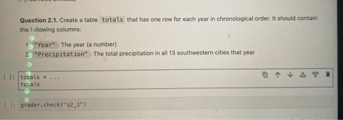 Solved Question 2.1. Create a table totals that has one row | Chegg.com