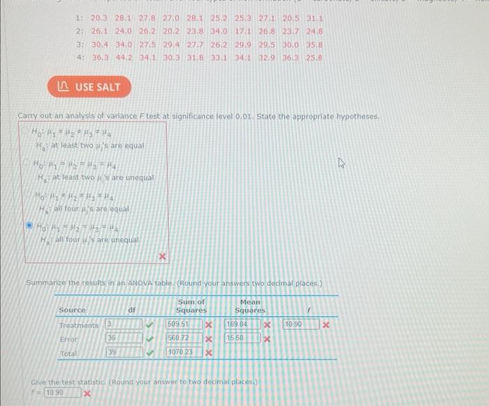 Solved H0:μ1=μ2=μ3 =μ4 Ha : at least two μ is are equal | Chegg.com