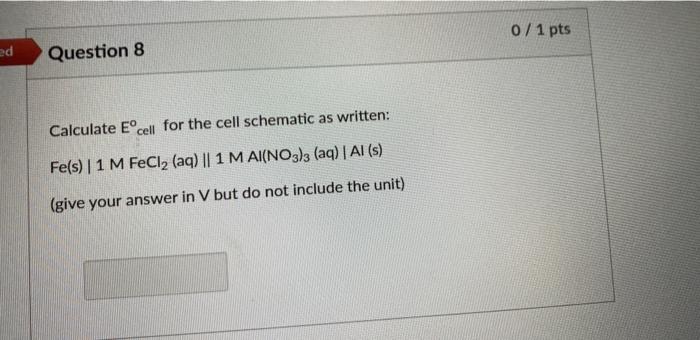 Solved ed Question 8 Calculate Eºcell for the cell schematic | Chegg.com