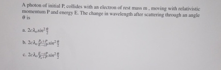 Solved A photon of initial P, ﻿collides with an electron of | Chegg.com