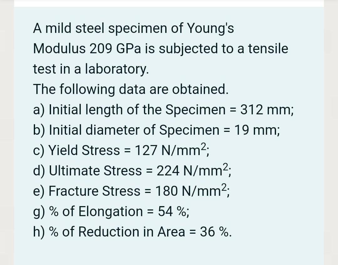 Solved A mild steel specimen of Young's Modulus 209 GPa is | Chegg.com
