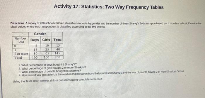 Solved Activity 17: Statistics: Two Way Frequency Tables | Chegg.com
