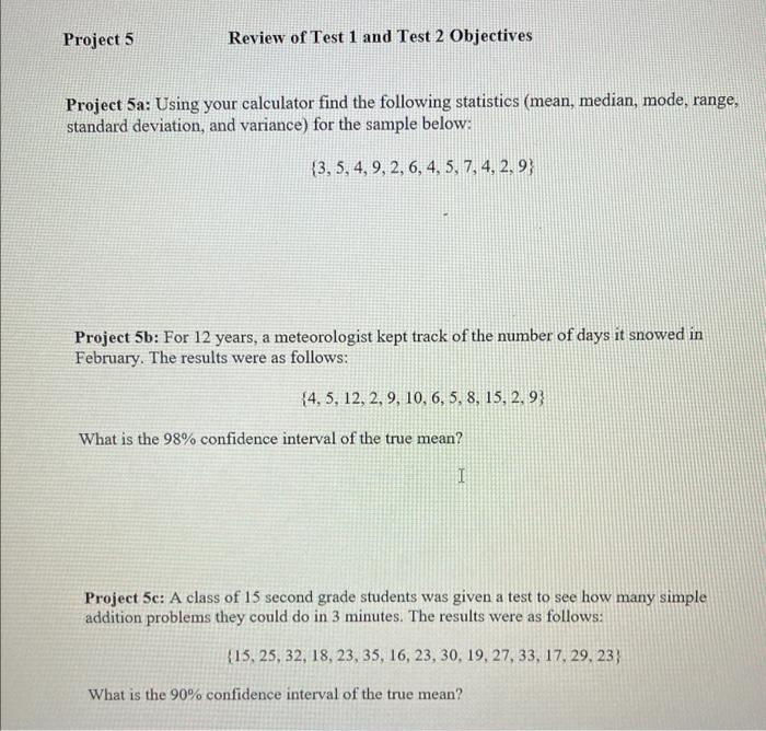 Solved Project 5 a: Using your calculator find the following | Chegg.com