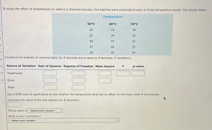 Solved To study the effect of temperature on yield in a | Chegg.com