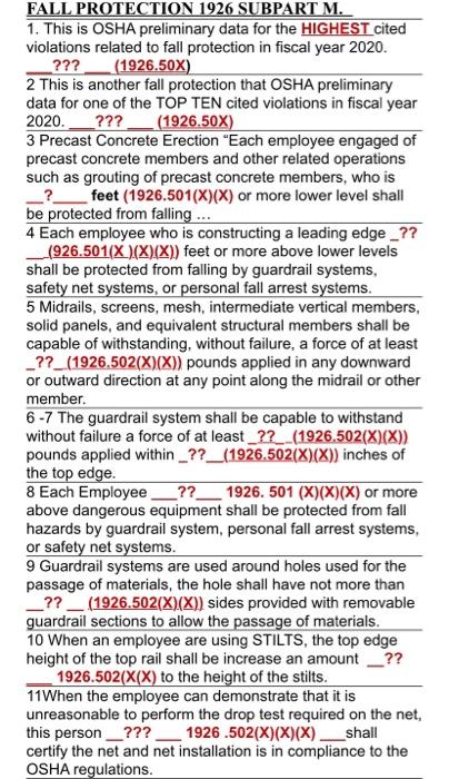 Solved FALL PROTECTION 1926 SUBPART M. 1. This is OSHA | Chegg.com