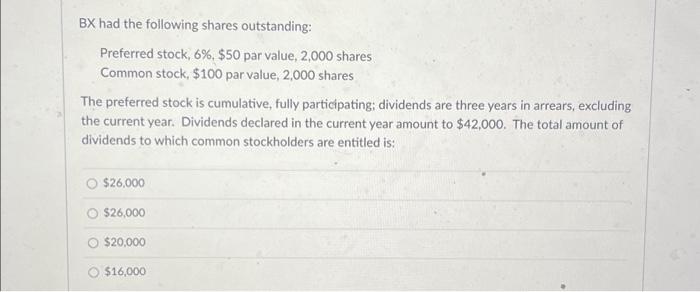 Solved BX Had The Following Shares Outstanding: Preferred | Chegg.com