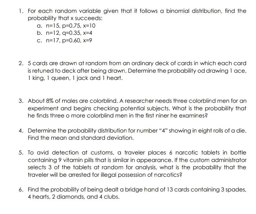 Solved 1 For Each Random Variable Given That It Follows Chegg Com