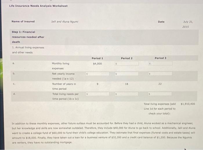 Solved 2. How Much Life Insurance Do You Need? Calculating | Chegg.com