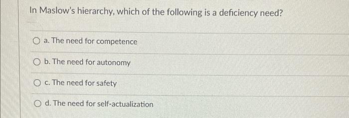 Solved In Maslow's hierarchy, which of the following is a | Chegg.com