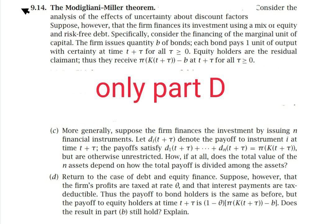Solved 9.14. The Modigliani-Miller theorem. Consider the | Chegg.com