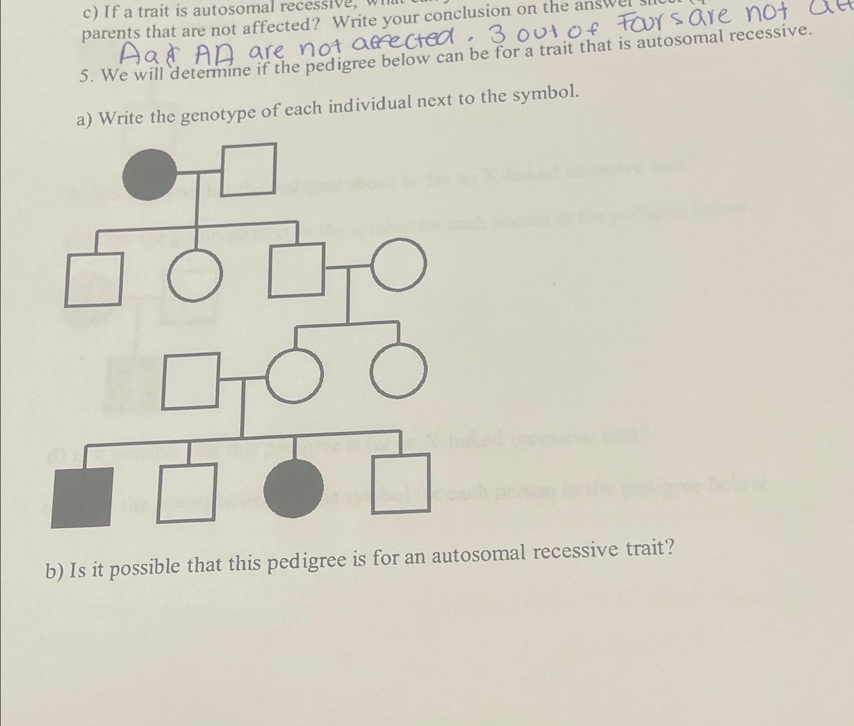 Solved c) ﻿If a trait is autosomal recessive, Write your | Chegg.com