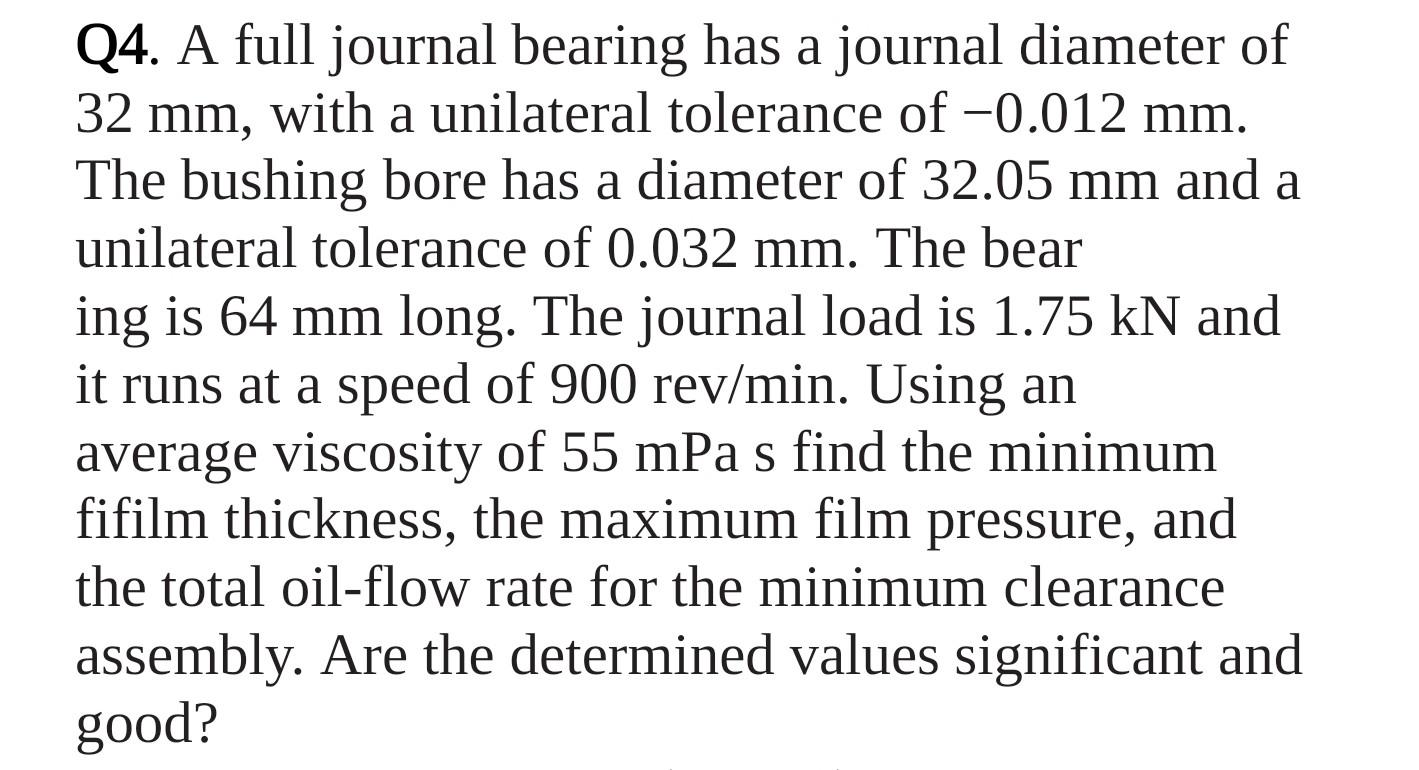 Solved Q4. A full journal bearing has a journal diameter of | Chegg.com