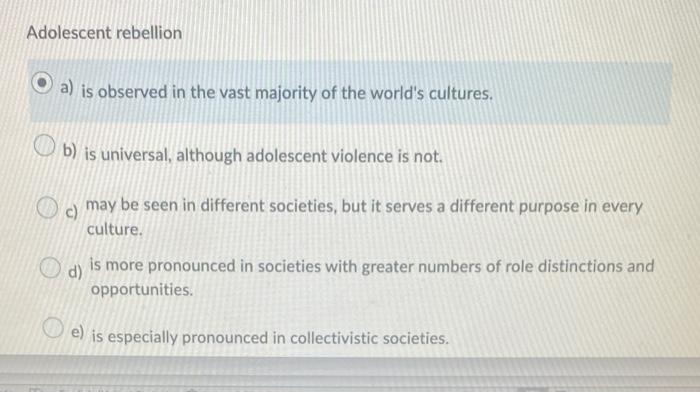 Solved Adolescent rebellion a) is observed in the vast | Chegg.com