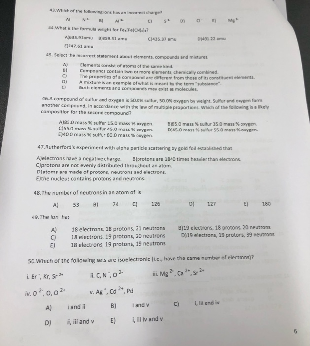 Solved 43. Which of the following ions has an incorrect | Chegg.com