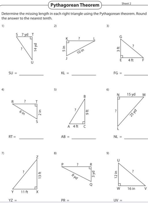 pythagorean theorem worksheet find the missing side of each triangle