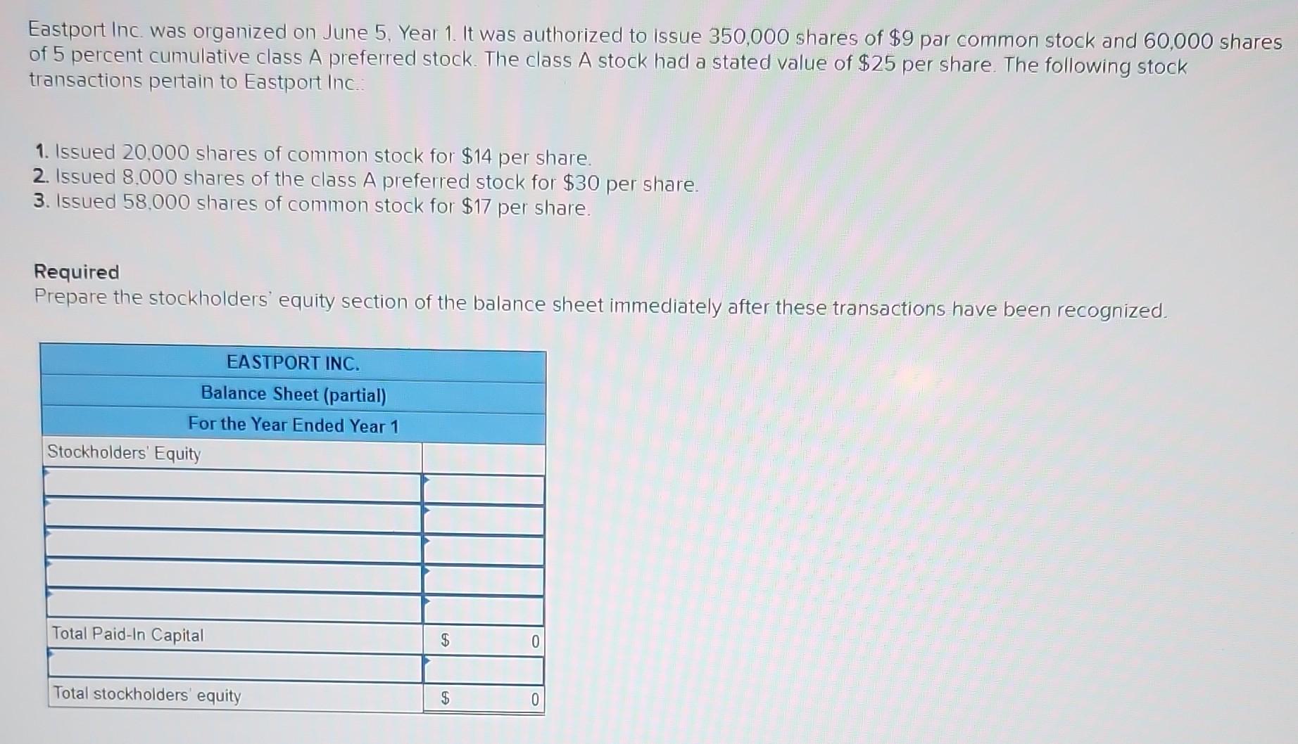 Solved Eastport Inc. was organized on June 5, Year 1. It was