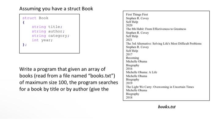 Solved Assuming you have a struct Book Write a program that | Chegg.com