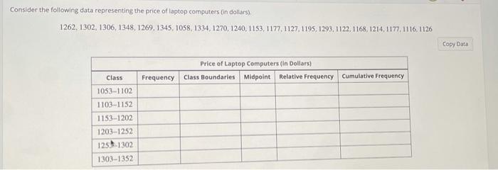Solved Consider the following data representing the price of | Chegg.com