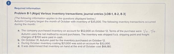 Solved Required Information Problem 8-1 (Algo) Various | Chegg.com