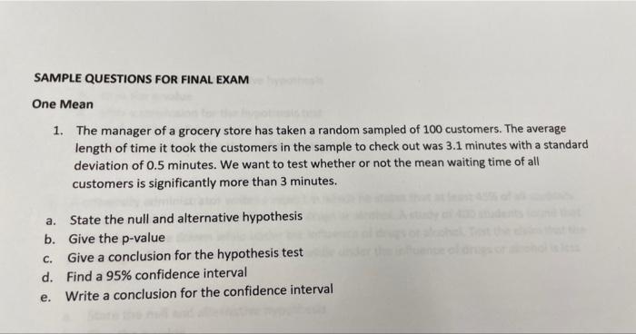 Solved SAMPLE QUESTIONS FOR FINAL EXAM One Mean 1. The | Chegg.com