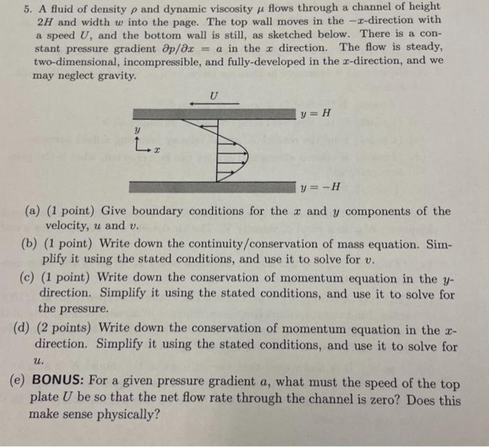 Solved 5. A fluid of density p and dynamic viscosity flows | Chegg.com