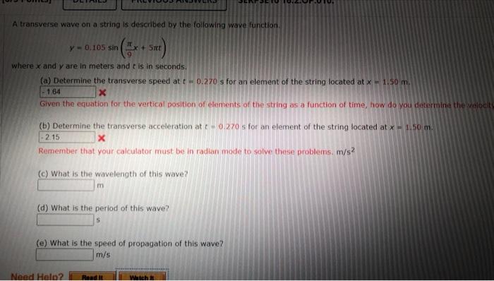 Solved A transverse wave on a string is described by the | Chegg.com