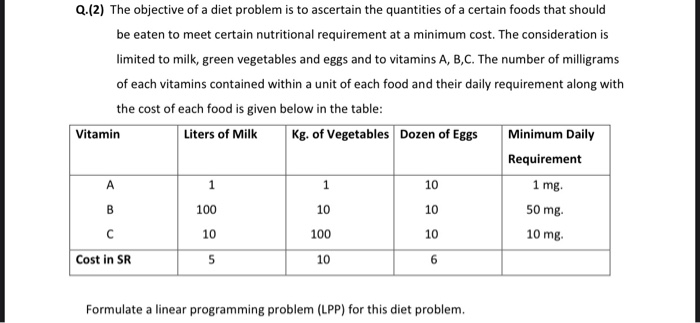 Solved Q.(2) The objective of a diet problem is to ascertain | Chegg.com
