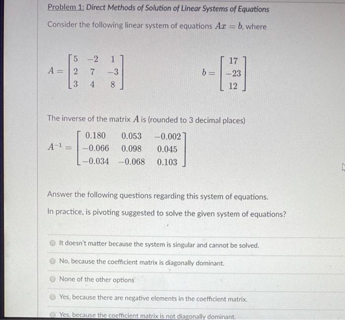 Solved Problem 1: Direct Methods of Solution of Linear | Chegg.com