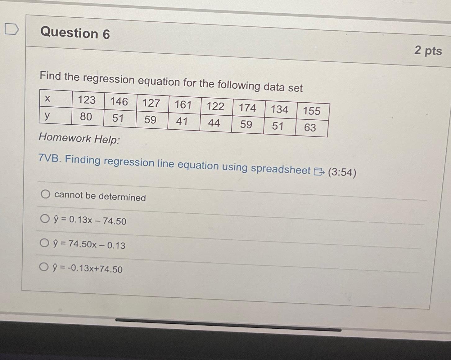 Solved Question 62 ﻿ptsFind the regression equation for the | Chegg.com