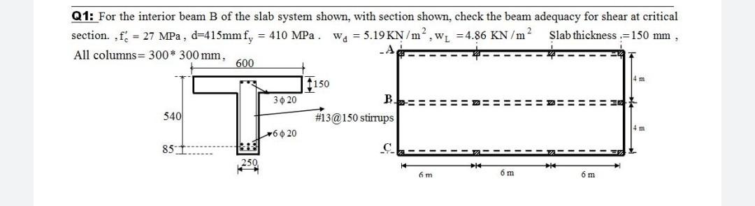 Solved Q1: For the interior beam B of the slab system shown, | Chegg.com